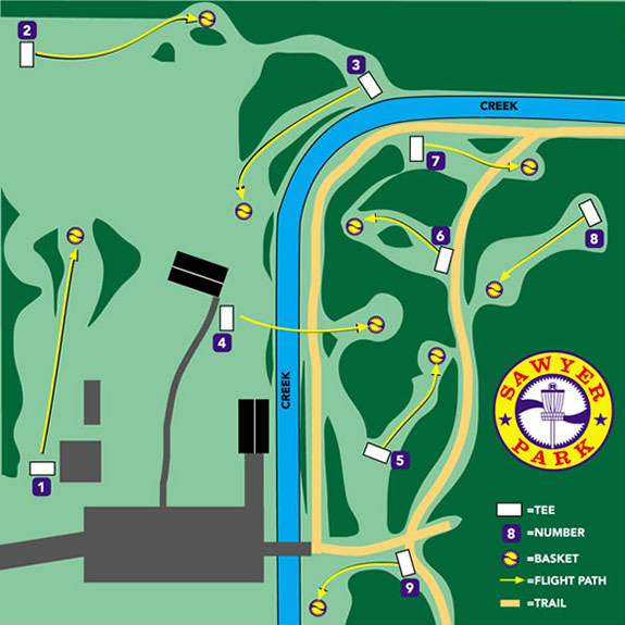 map of disc golf course showing tees and holes